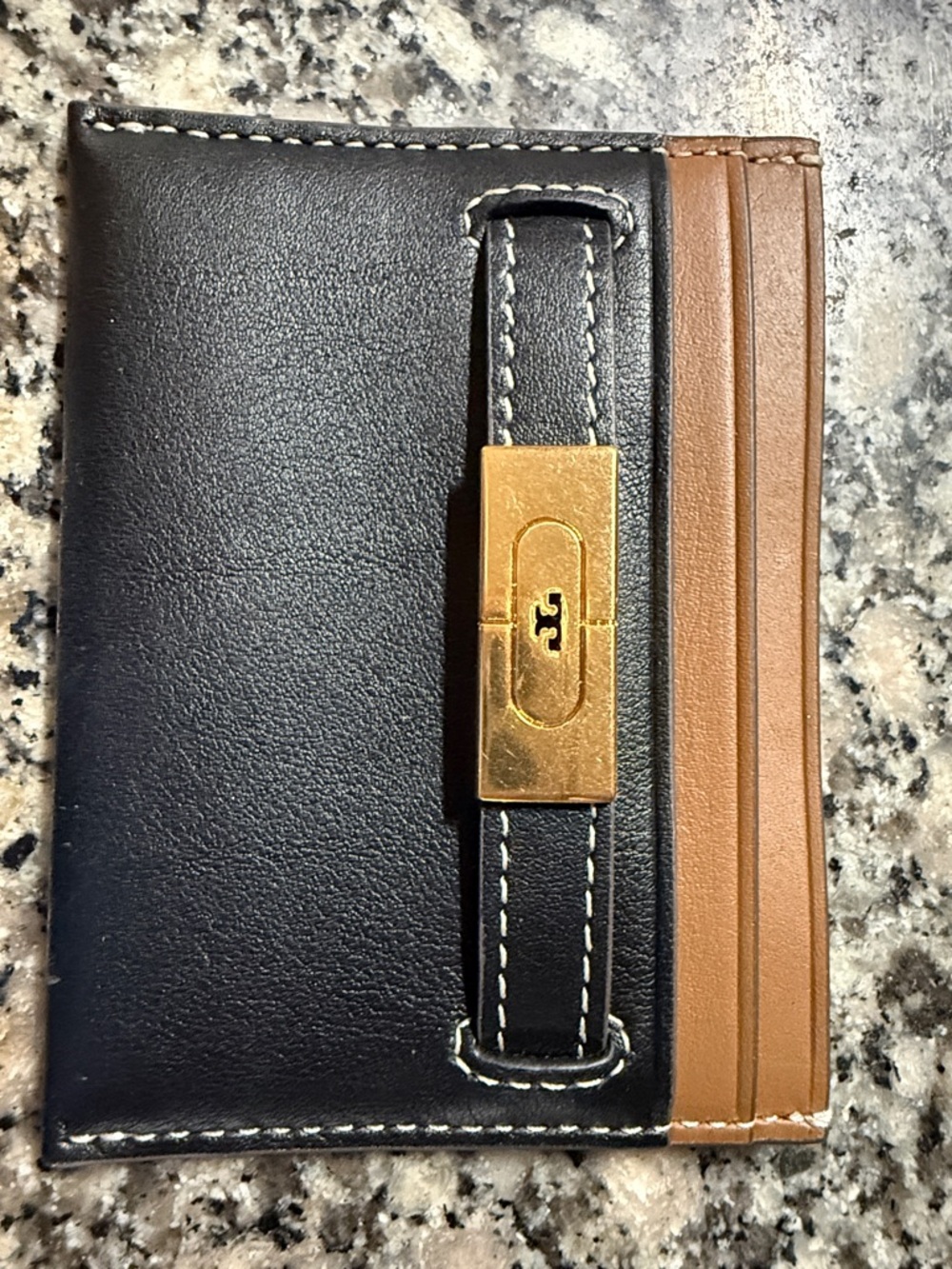 Tory Burch Black and Brown Leather Card Holder with Gold Accent